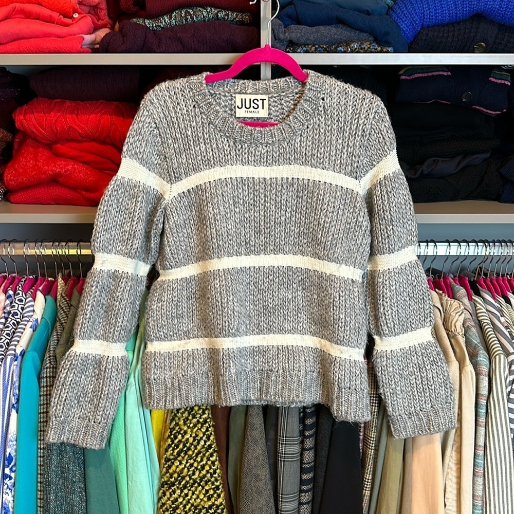 Just Female gray/white stripes knit long sleeve knit sweater size S